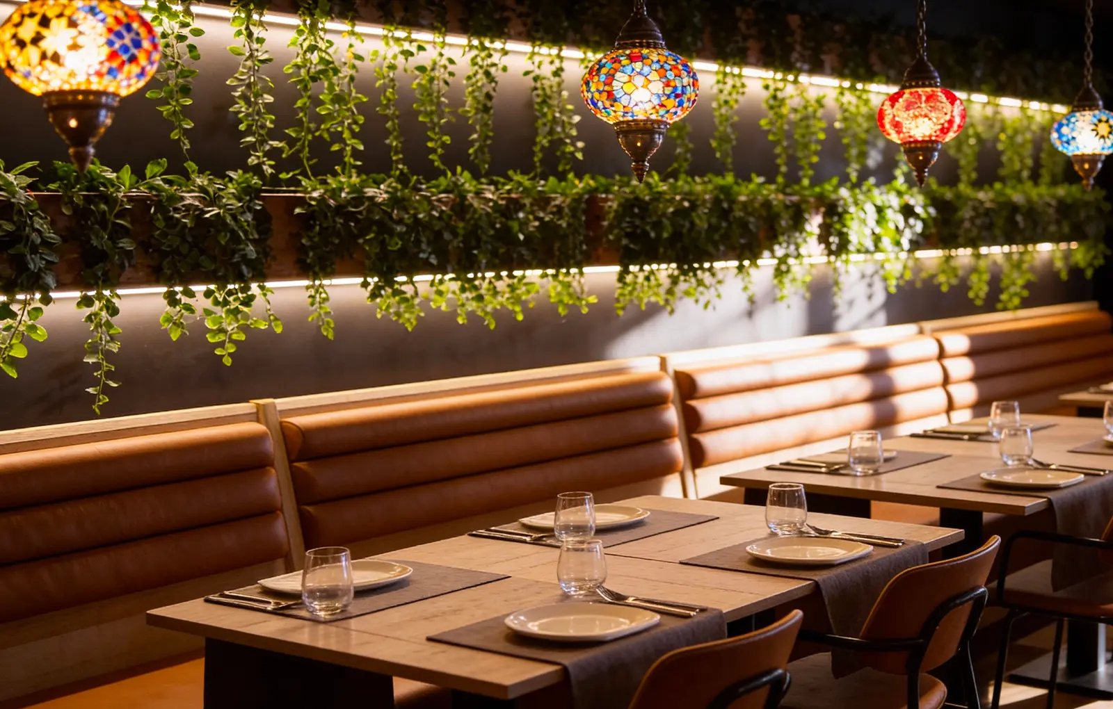 La salle du restaurant Uncle Kasap à Bruxelles, lampes mosaïque et banquettes