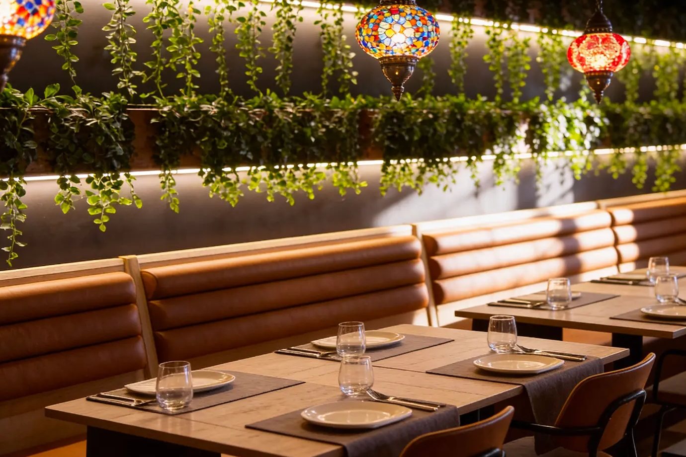 Banquettes et lampes mosaïque dans la salle
